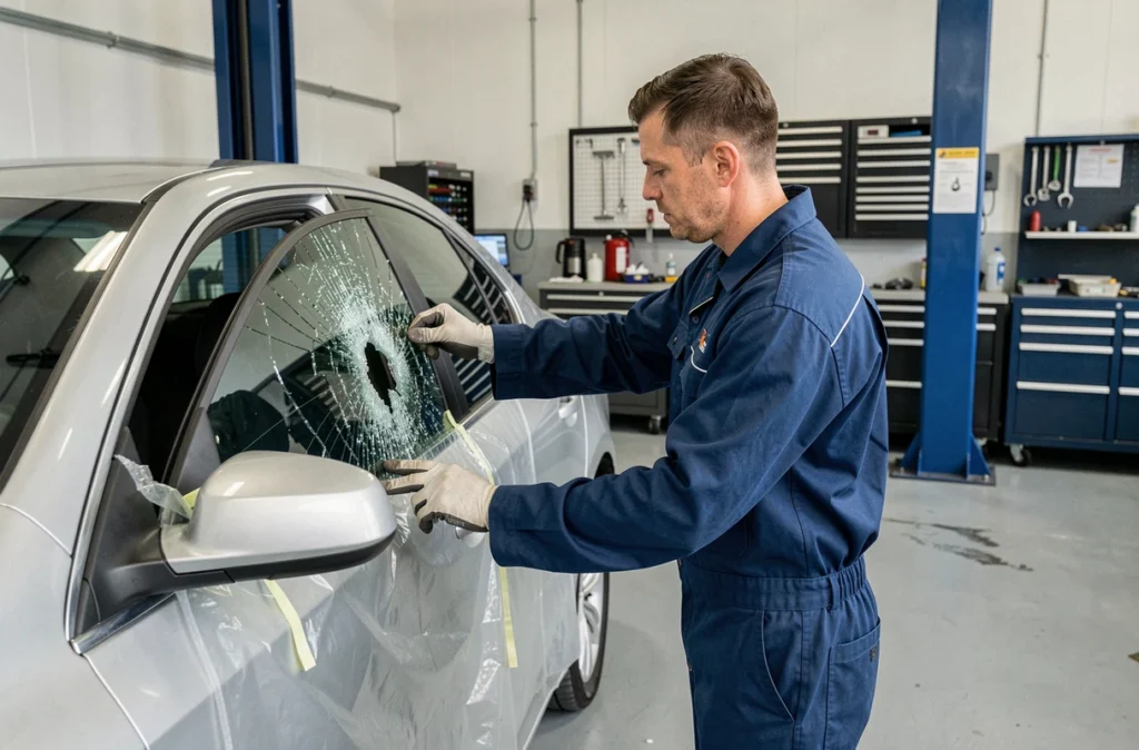 Technicien vitrier remplaçant une vitre latérale brisée dans un garage automobile