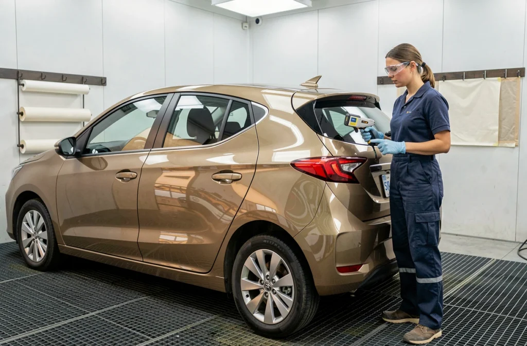 Technicienne en carrosserie inspectant la finition d'une voiture repeinte avec peinture hydrodiluable dans une cabine de peinture