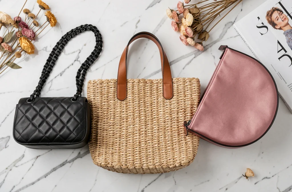 Flat-lay de trois sacs à main tendance saison : mini sac matelassé noir, cabas en raphia naturel et sac croissant en satin rose