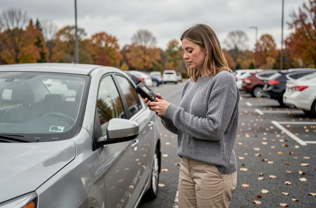 Femme testant la charge d'une batterie de voiture avec un testeur numérique dans un parking extérieur en automne