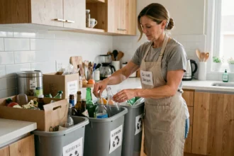 Femme triant les déchets ménagers recyclables dans une cuisine moderne avec bacs de tri colorés