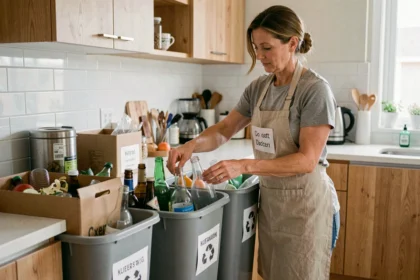 Femme triant les déchets ménagers recyclables dans une cuisine moderne avec bacs de tri colorés