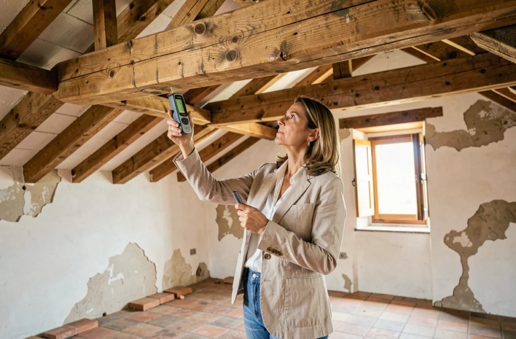 Femme vérifiant l'état des charpentes en bois dans le grenier d'une maison ancienne avec un hygromètre lors d'une visite avant acquisition