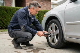 Homme vérifiant la pression des pneus de sa voiture avant un long trajet