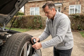Homme vérifiant la pression des pneus de sa voiture dans une allée résidentielle pour réduire sa consommation d'essence