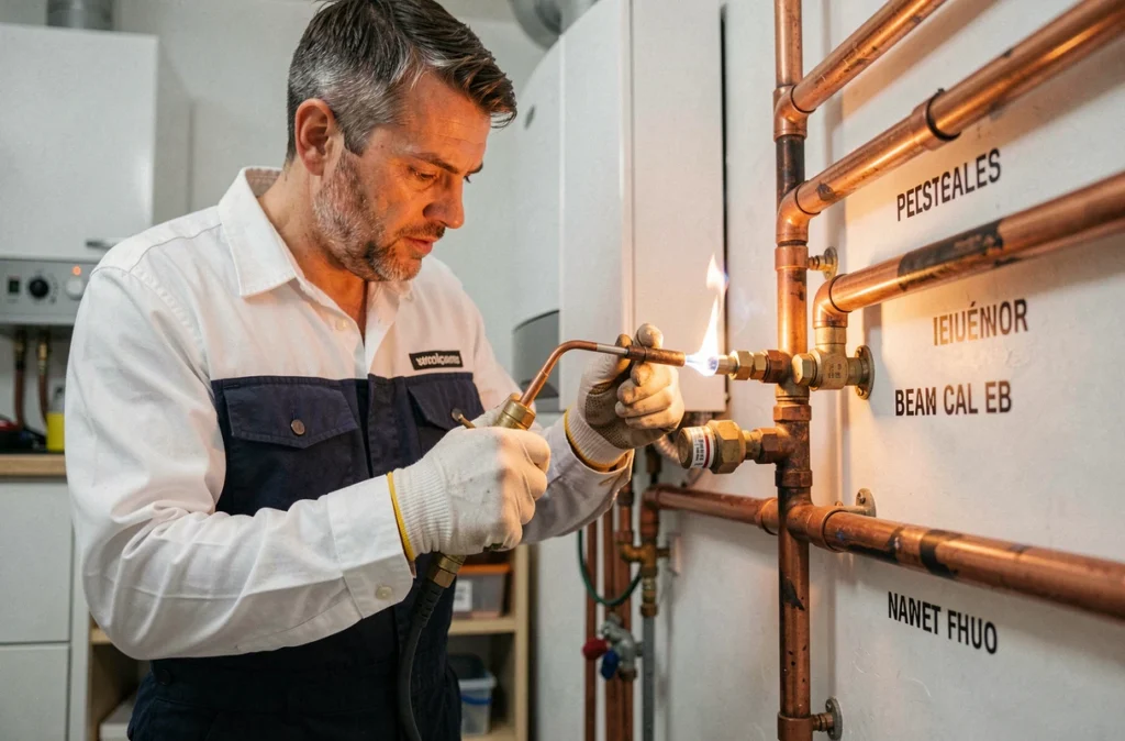 Technicien d'Aqua Thermic réalisant la pose de tuyauterie cuivre sur un système de chauffage dans l'Ain