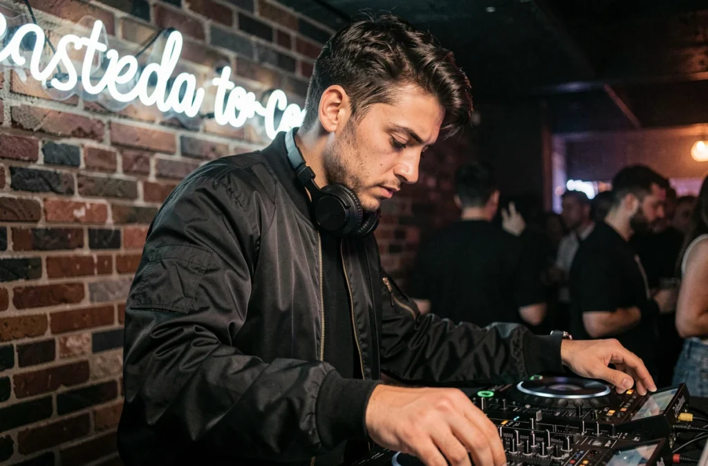 DJ Carpe Noctem concentré derrière ses platines dans un club underground toulousain à l'ambiance sombre