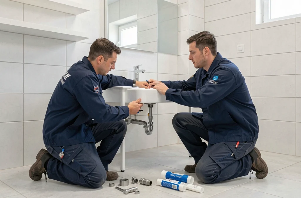 Deux plombiers de CCH Plomberie Chauffage installant une salle de bain dans une maison neuve de l'Ain