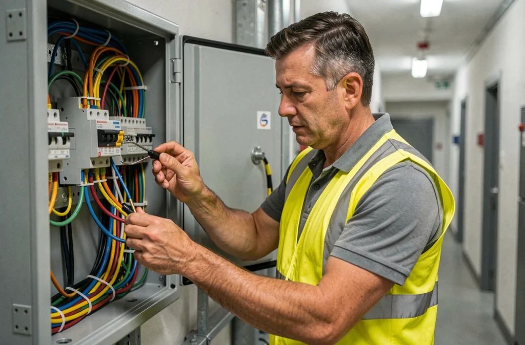 Électricien Christian Neveu travaillant sur un tableau électrique dans un bâtiment commercial de l'Ain