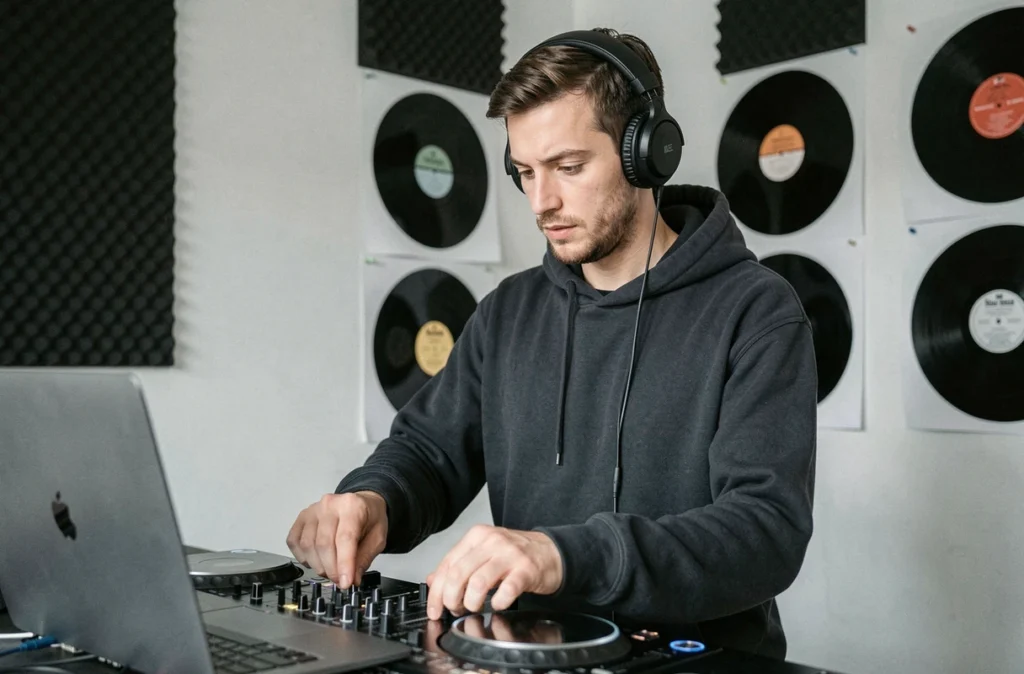 DJ de DeePhi Music concentré sur ses platines dans un studio créatif toulousain entouré de vinyles et de mousse acoustique