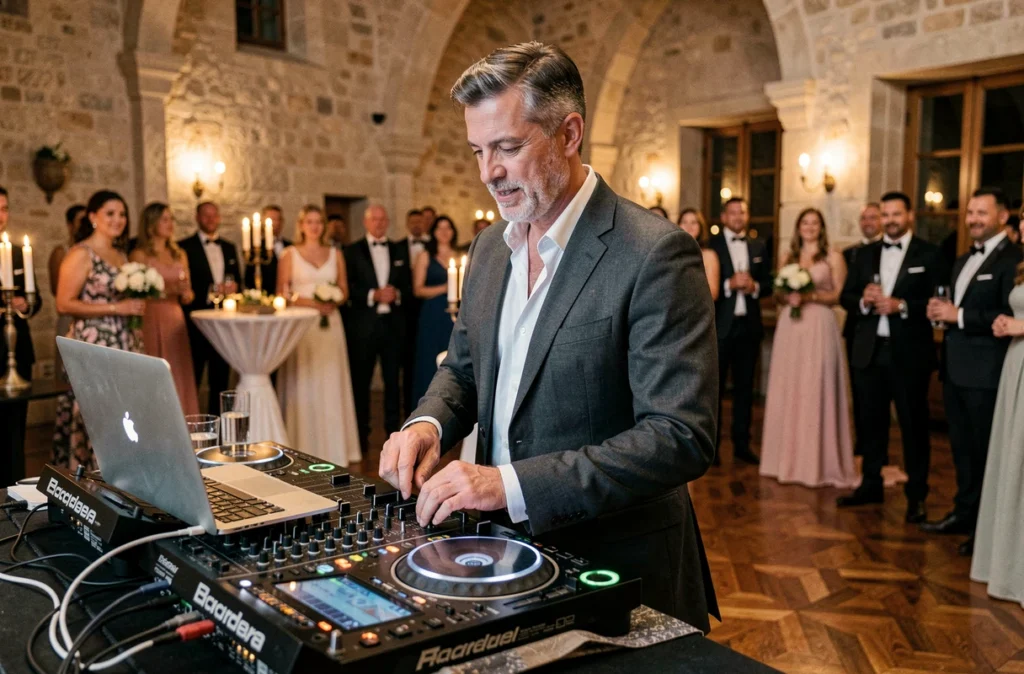 DJ C-Mix en costume élégant animant une réception de mariage dans un château de la région de Carcassonne