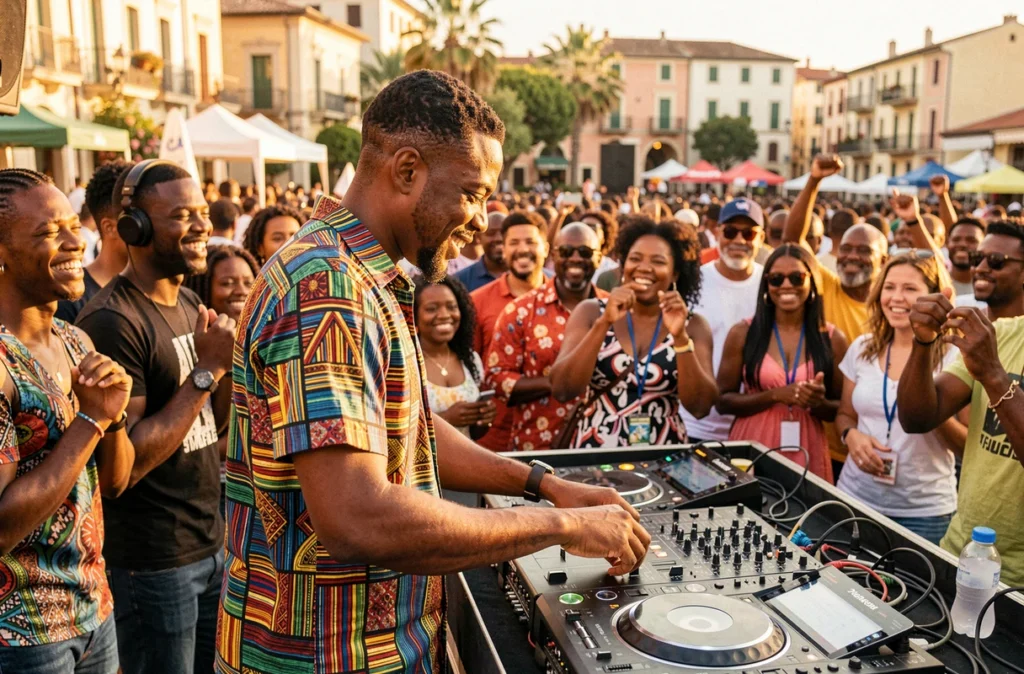 DJON en chemise imprimée colorée animant un festival culturel en plein air à Perpignan avec une foule enthousiaste