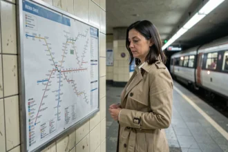 Femme consultant un plan du RER en Île-de-France dans une station souterraine