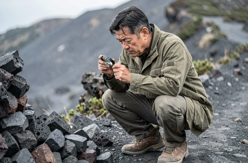 Géologue japonais examinant des roches volcaniques basaltiques sur les pentes du mont Fuji lors d'une étude de terrain
