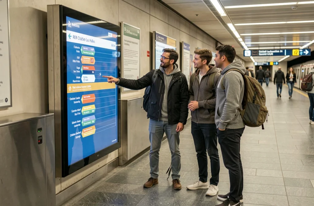Groupe de voyageurs étudiant un panneau de correspondances RER à Châtelet-Les Halles