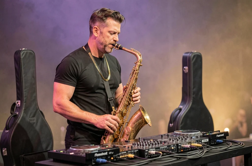 DJ jouant du saxophone alto en direct sur une scène de club toulousain, combinant musique live et platines