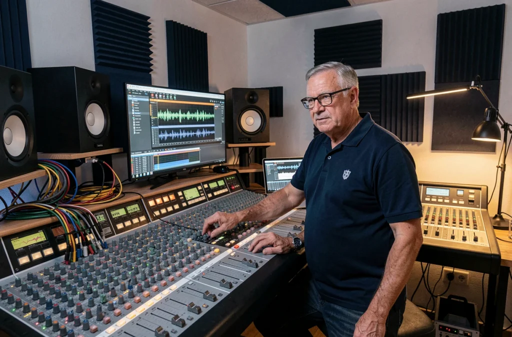 Jean-Charles Sound Designer dans son studio toulousain entouré de consoles audio professionnelles et de moniteurs de mixage