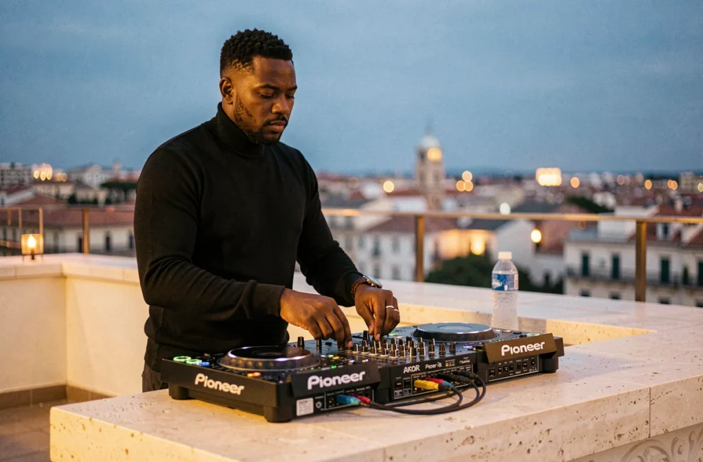 Kwaku derrière ses platines sur une terrasse rooftop de Montpellier avec les toits de la ville en arrière-plan au crépuscule