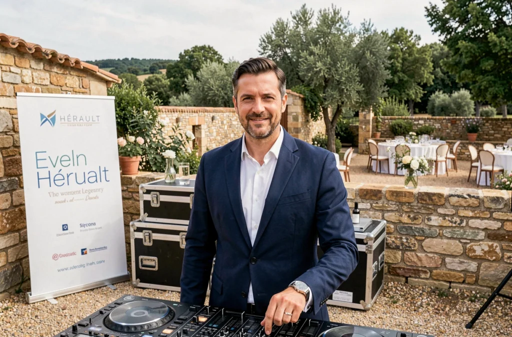 Organisateur et DJ de Map's Events devant un décor de réception champêtre dans la campagne héraultaise