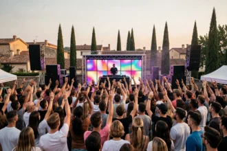 Vue panoramique d'un festival de DJ en plein air en Occitanie avec une foule enthousiaste devant une scène illuminée