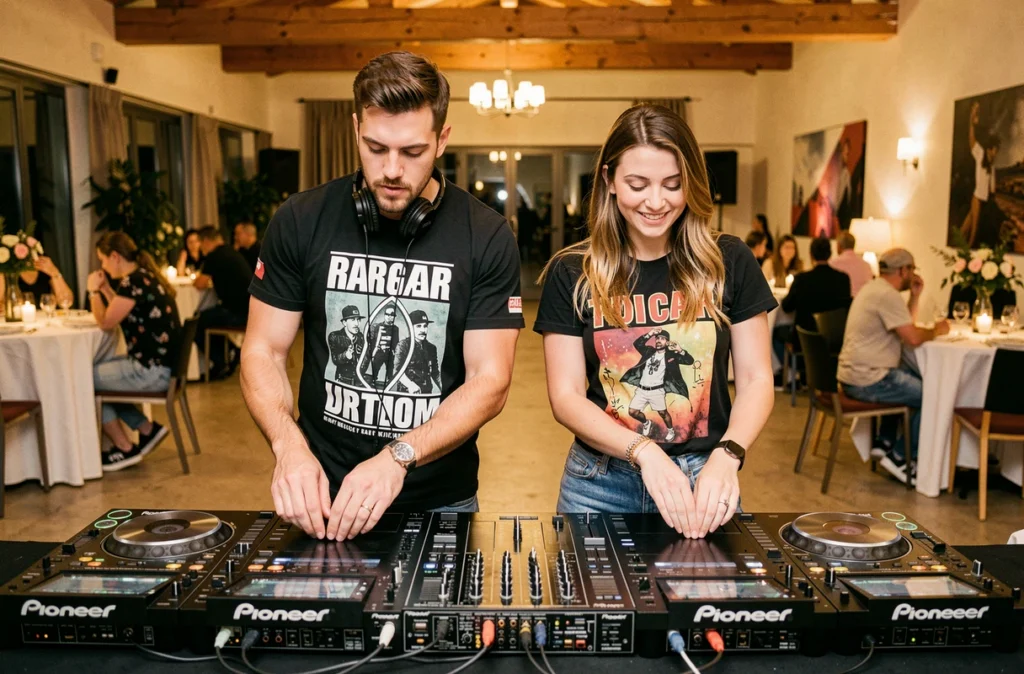 Duo de DJ Mix and Match derrière leur double setup dans une salle événementielle moderne de Montpellier