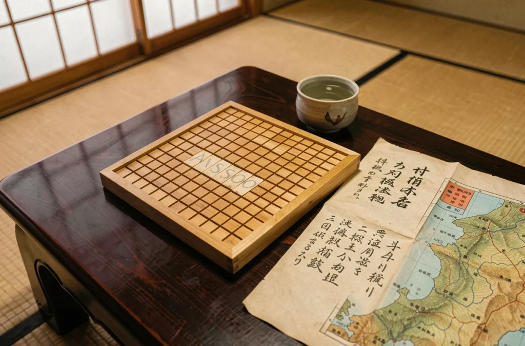 Grille de mots croisés avec le mot ASO volcans japonais posée sur une table japonaise traditionnelle avec des notes manuscrites sur du papier washi