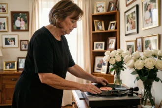 Femme posant un vinyle sur une platine lors d'une veillée funèbre pour honorer le défunt par la musique
