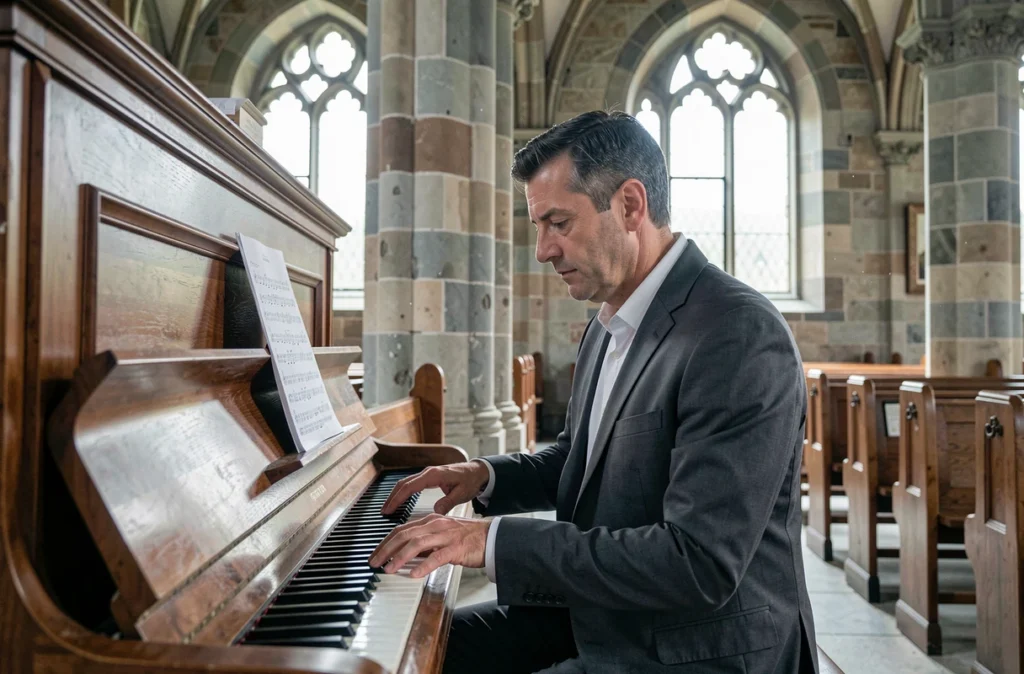 Pianiste jouant un hommage musical pour des funérailles dans une église en pierre
