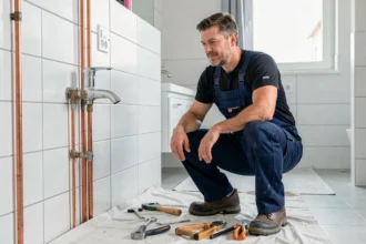 Plombier professionnel en tenue de travail intervenant dans une salle de bain rénovée dans l'Ain