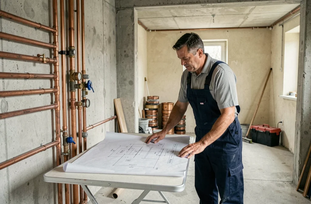 Plombier professionnel étudiant des plans techniques sur un chantier de rénovation dans l'Ain