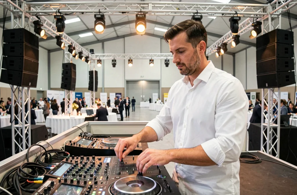 DJ de PMN Event gérant un dispositif son et lumière professionnel lors d'un grand événement d'entreprise à Nîmes