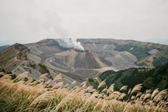 Volcan Aso au Japon avec son cratère fumant et les herbes de pampas dorées au premier plan dans le paysage volcanique de Kyushu