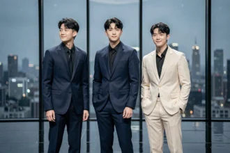 Groupe de K-pop 3piece sur scène en 2026, trois jeunes chanteurs en tenues coordonnées devant un panorama urbain