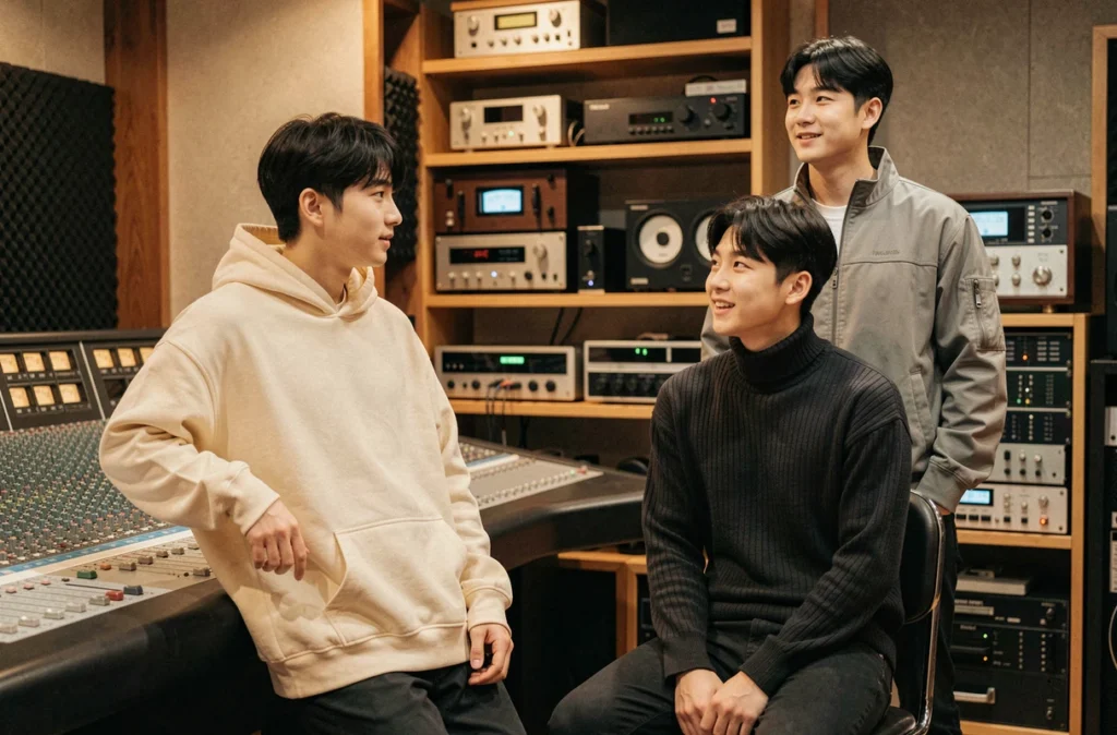 Les trois membres du groupe K-pop 3piece en studio d'enregistrement, ambiance backstage décontractée et authentique